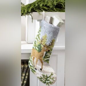 Festive Peking Snow Deer Hook Holiday Stocking with Green and Brown Accents